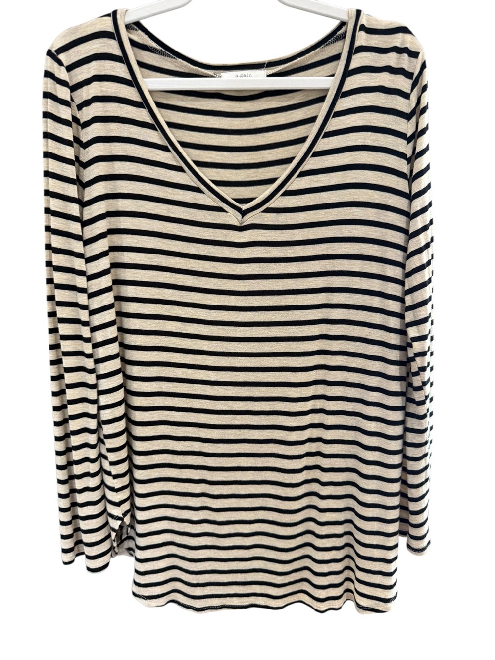 a.gain Beige Black Striped V-Neck Long Sleeve Knit Top 2X